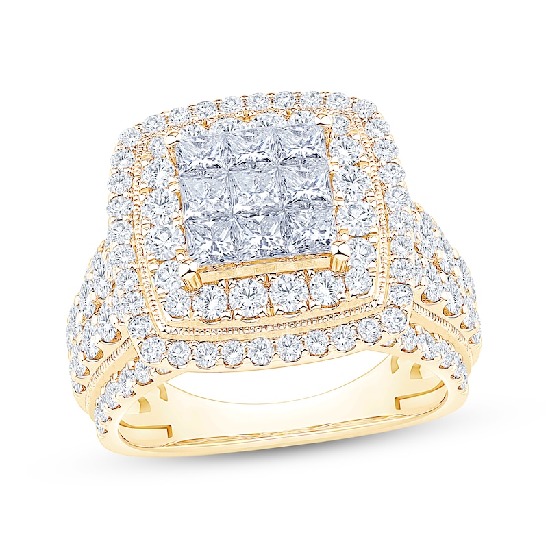 Main Image 1 of Now + Forever Princess-Cut Multi-Diamond Double Halo Engagement Ring 3 ct tw 10K Yellow Gold