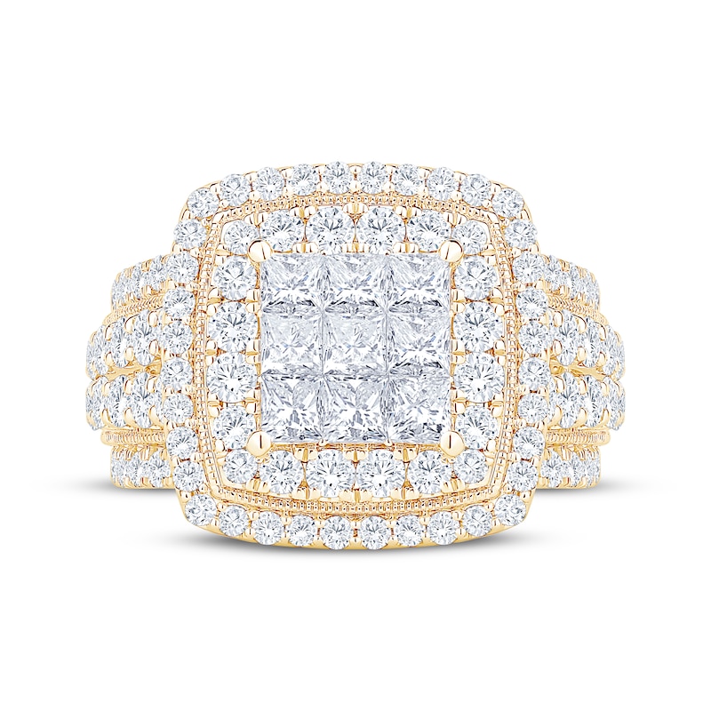 Main Image 3 of Now + Forever Princess-Cut Multi-Diamond Double Halo Engagement Ring 3 ct tw 10K Yellow Gold