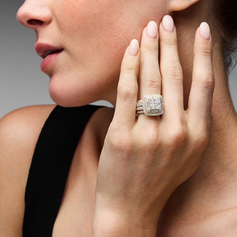 Main Image 4 of Now + Forever Princess-Cut Multi-Diamond Double Halo Engagement Ring 3 ct tw 10K Yellow Gold