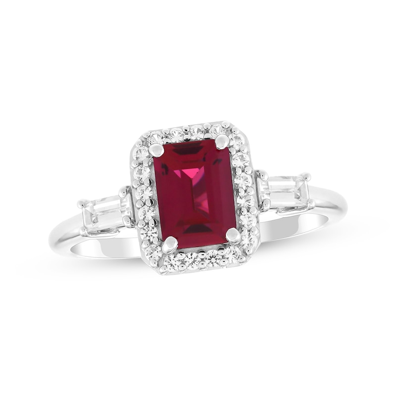 Main Image 1 of Emerald-Cut Lab-Created Ruby & White Lab-Created Sapphire Ring Sterling Silver