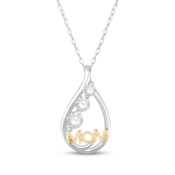 Memories Moments Magic Lab-Grown Diamond Three-Stone "Mom" Necklace 1/2 ct tw Sterling Silver & 10K Yellow Gold 18"
