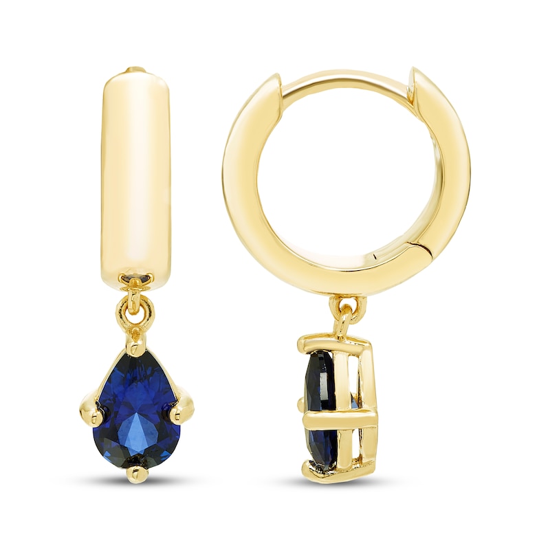Main Image 3 of STUDIO BY KAY Pear-Shaped Blue Lab-Created Sapphire Solitaire Hoop Drop Earrings 24K Yellow Gold Vermeil Sterling Silver