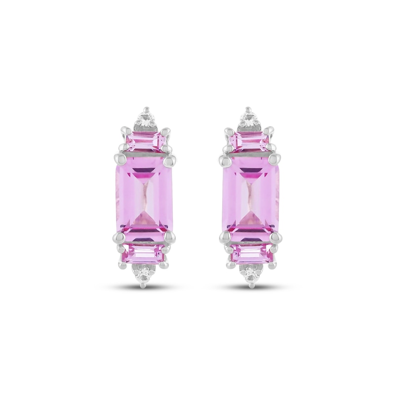 Main Image 2 of Emerald & Baguette-Cut Pink Lab-Created Sapphire & White Lab-Created Sapphire Stud Earrings Sterling Silver