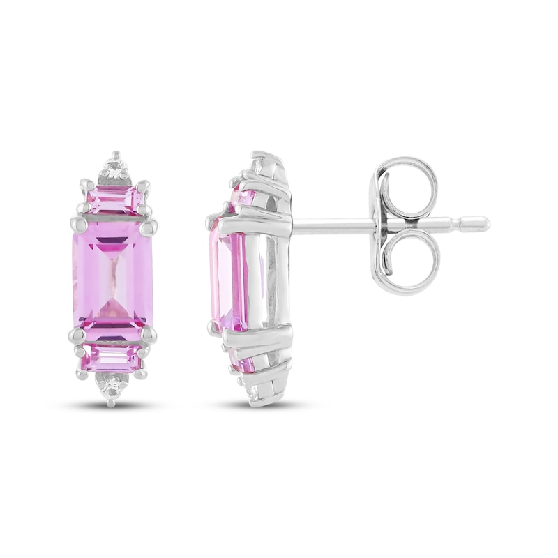 Main Image 3 of Emerald & Baguette-Cut Pink Lab-Created Sapphire & White Lab-Created Sapphire Stud Earrings Sterling Silver