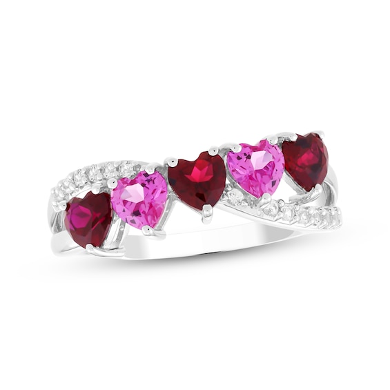 Heart-Shaped Pink Lab-Created Sapphire, Heart-Shaped Lab-Created Ruby & White Lab-Created Sapphire Ring Sterling Silver