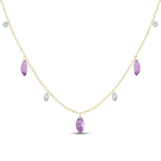 Pierced Gemstone Marquise-Cut Amethyst & Lab-Grown Diamond Station Dangle Necklace 5/8 ct tw 10K Yellow Gold