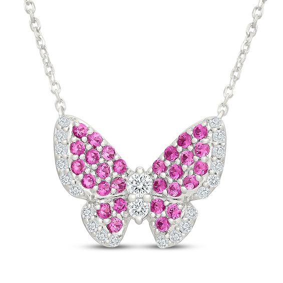 Pink & White Lab-Created Sapphire Butterfly Necklace Sterling Silver 18"