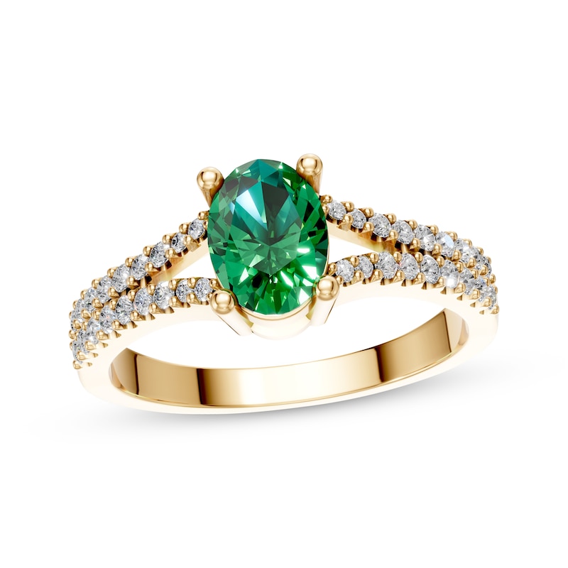 Main Image 1 of KAY Lab-Grown Diamonds & Oval-Cut Lab-Created Emerald Ring 1/4 ct tw 10K Yellow Gold