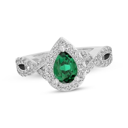 Pear-Shaped Lab-Created Emerald & White Lab-Created Sapphire Halo Ring Sterling Silver