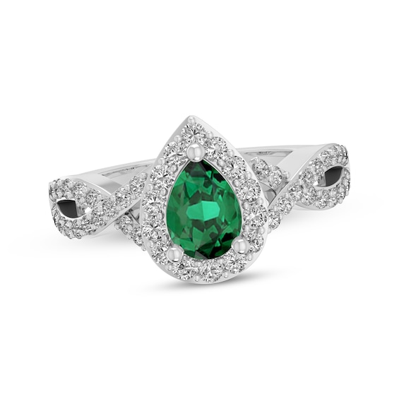 Pear-Shaped Lab-Created Emerald & White Lab-Created Sapphire Halo Ring Sterling Silver