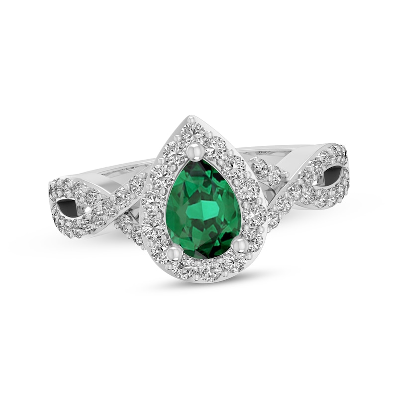 Main Image 1 of Pear-Shaped Lab-Created Emerald & White Lab-Created Sapphire Halo Ring Sterling Silver