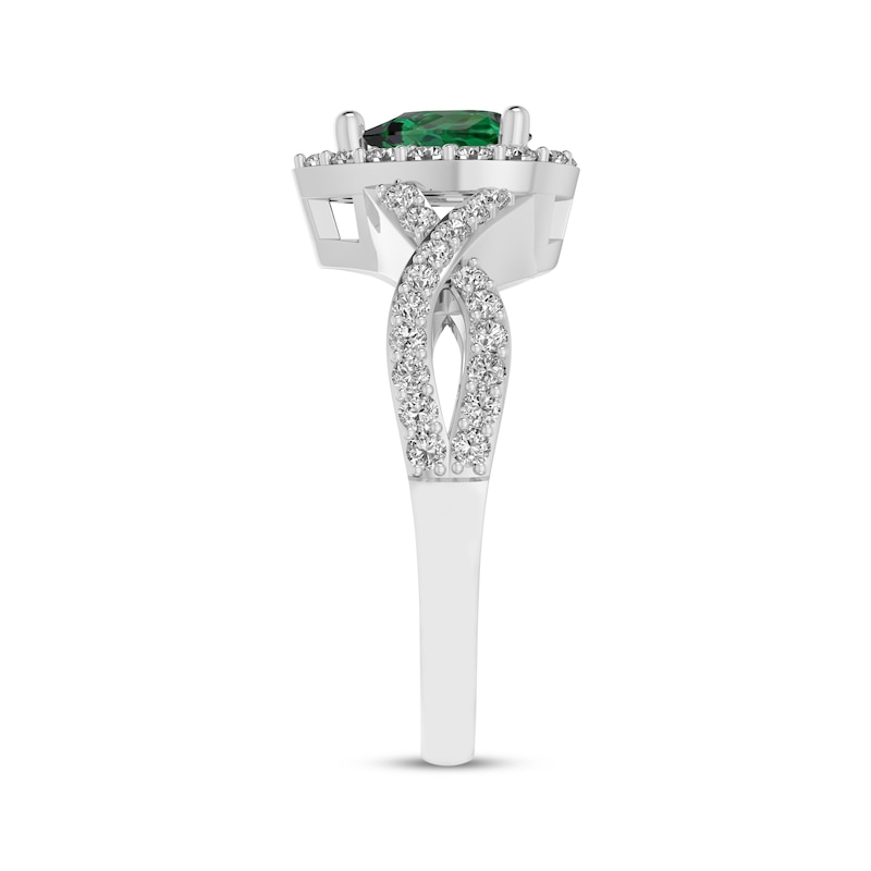 Main Image 2 of Pear-Shaped Lab-Created Emerald & White Lab-Created Sapphire Halo Ring Sterling Silver