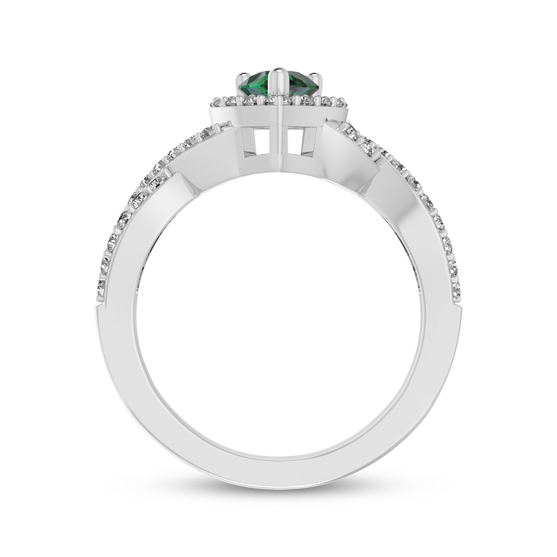 Main Image 3 of Pear-Shaped Lab-Created Emerald & White Lab-Created Sapphire Halo Ring Sterling Silver
