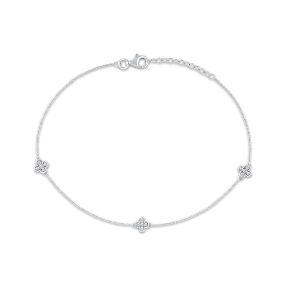 Diamond Clover Station Anklet 1/8 ct tw 10K White Gold 10"