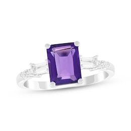 Emerald-Cut Amethyst & White Lab-Created Sapphire Ring Sterling Silver