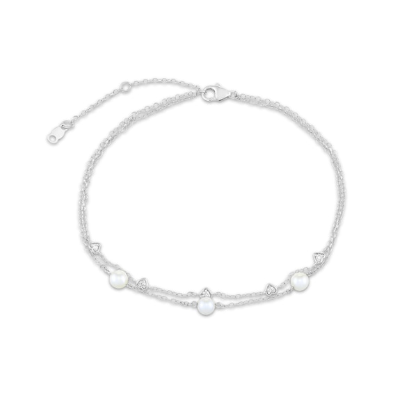 Cultured Pearl & White Lab-Created Sapphire Double-Strand Anklet Sterling Silver 11"