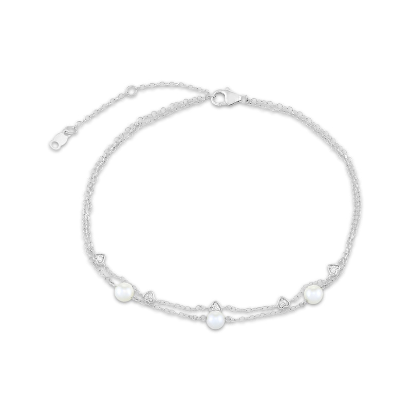 Main Image 1 of Cultured Pearl & White Lab-Created Sapphire Double-Strand Anklet Sterling Silver 11"