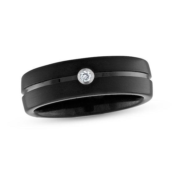Men's Diamond Solitaire Brushed-Finish Wedding Band 1/20 ct tw Black Ion-Plated Tungsten Carbide