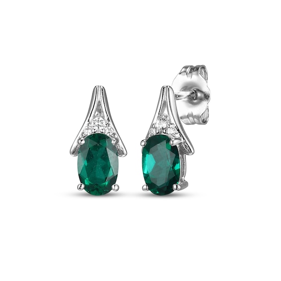 Oval-Cut Lab-Created Emerald & White Lab-Created Sapphire Drop Earrings Sterling Silver