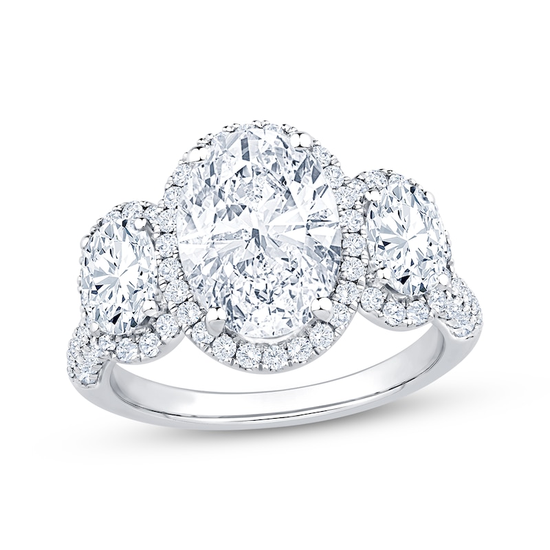 Main Image 1 of Memories Moments Magic Lab-Grown Diamond Oval-Cut Halo Three-Stone Engagement Ring 4-5/8 ct tw 14K White Gold