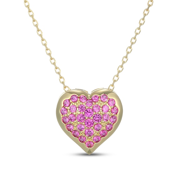 STUDIO BY KAY Pink Lab-Created Sapphire Pavé Heart Necklace 24K Yellow Gold Vermeil Sterling Silver 18"