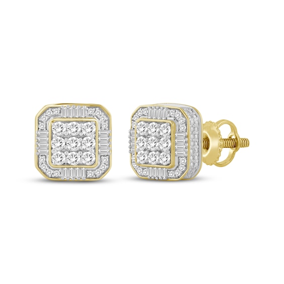 Baguette & Round-Cut Multi-Diamond Cushion-Shaped Stud Earrings 1/2 ct tw 10K Yellow Gold