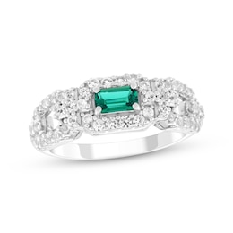 Emerald-Cut Lab-Created Emerald & White Lab-Created Sapphire Link Ring Sterling Silver