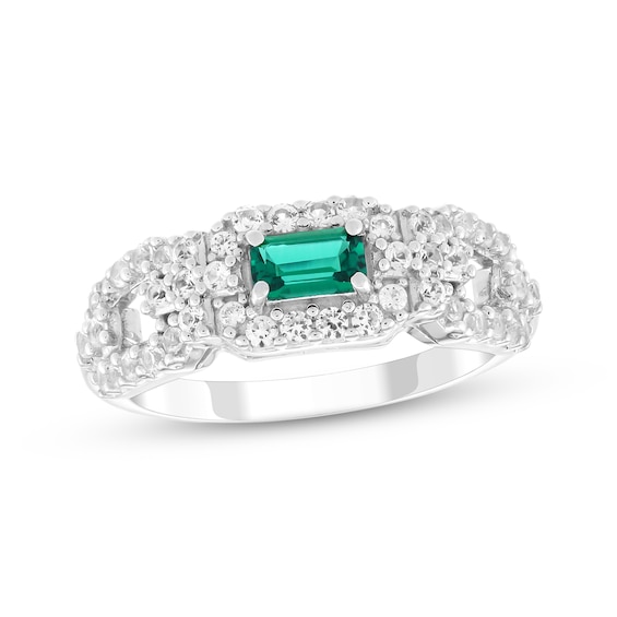 Emerald-Cut Lab-Created Emerald & White Lab-Created Sapphire Link Ring Sterling Silver