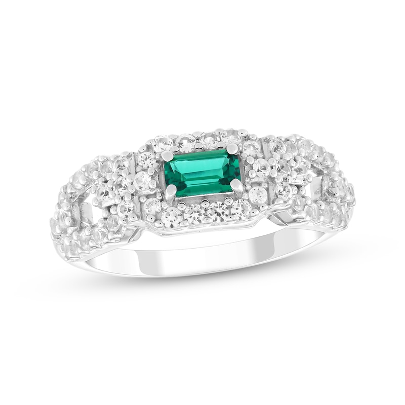 Main Image 1 of Emerald-Cut Lab-Created Emerald & White Lab-Created Sapphire Link Ring Sterling Silver