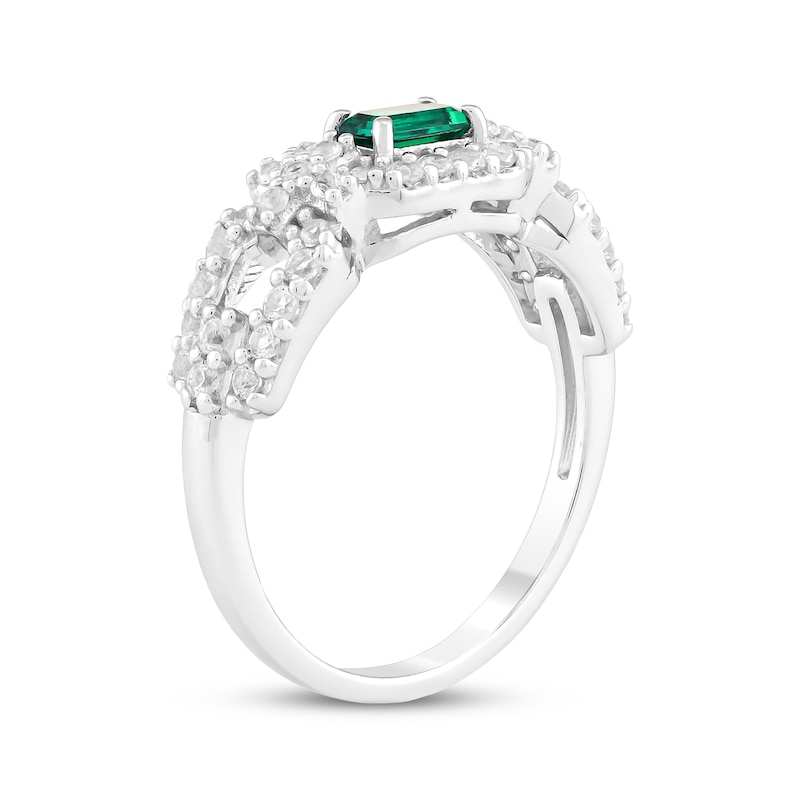 Main Image 2 of Emerald-Cut Lab-Created Emerald & White Lab-Created Sapphire Link Ring Sterling Silver