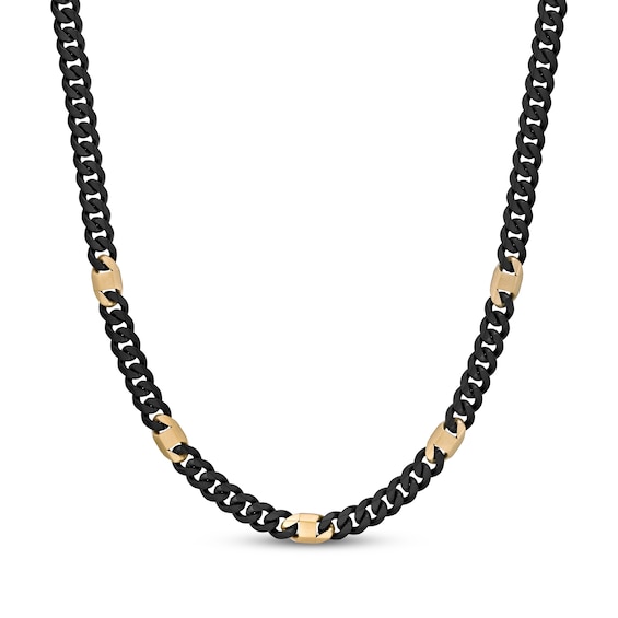 8mm Curb Chain & Mariner Link Station Necklace Black & Yellow Ion-Plated Stainless Steel 26"