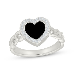 Heart-Shaped Black Onyx & White Lab-Created Sapphire Heart Chain Link Ring Sterling Silver