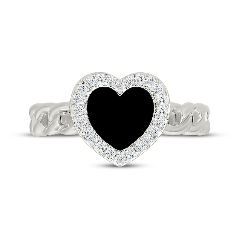 Main Image 4 of Heart-Shaped Black Onyx & White Lab-Created Sapphire Heart Chain Link Ring Sterling Silver