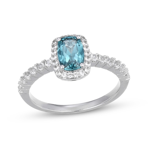 Cushion-Cut Oceanic Blue Topaz & White Lab-Created Sapphire Halo Ring Sterling Silver