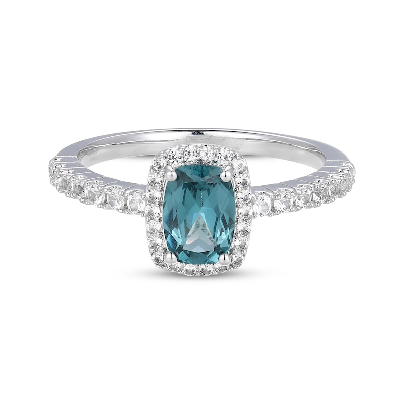 Main Image 3 of Cushion-Cut Oceanic Blue Topaz & White Lab-Created Sapphire Halo Ring Sterling Silver