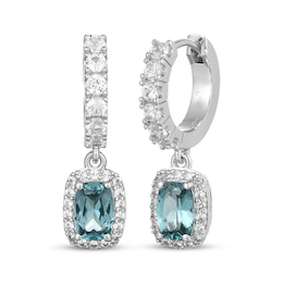 Cushion-Cut Oceanic Blue Topaz & White Lab-Created Sapphire Halo Hoop Drop Earrings Sterling Silver