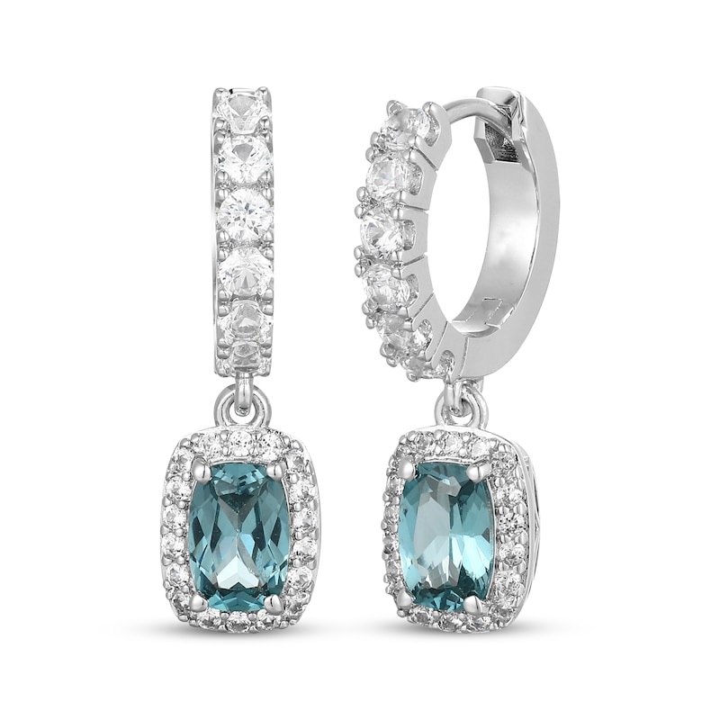 Main Image 1 of Cushion-Cut Oceanic Blue Topaz & White Lab-Created Sapphire Halo Hoop Drop Earrings Sterling Silver