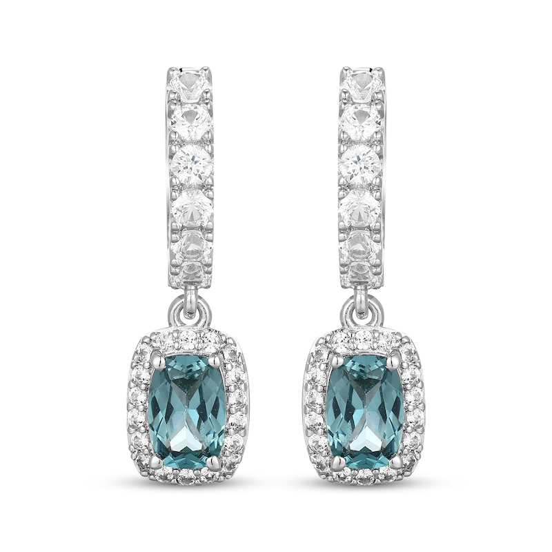 Main Image 2 of Cushion-Cut Oceanic Blue Topaz & White Lab-Created Sapphire Halo Hoop Drop Earrings Sterling Silver