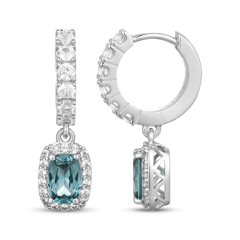 Main Image 3 of Cushion-Cut Oceanic Blue Topaz & White Lab-Created Sapphire Halo Hoop Drop Earrings Sterling Silver