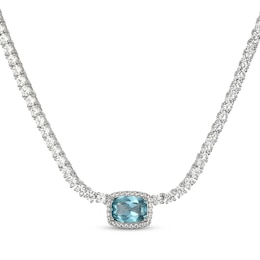 Cushion-Cut Oceanic Blue Topaz & White Lab-Created Sapphire Halo Necklace Sterling Silver 18"