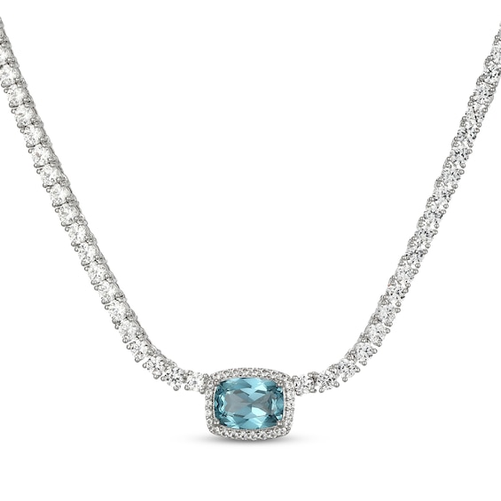 Cushion-Cut Oceanic Blue Topaz & White Lab-Created Sapphire Halo Necklace Sterling Silver 18"
