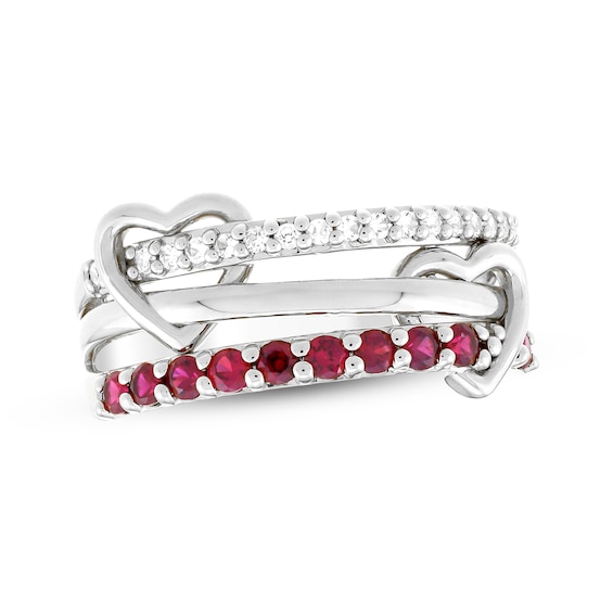 Lab-Created Ruby & White Lab-Created Sapphire Stacked Heart Ring Sterling Silver