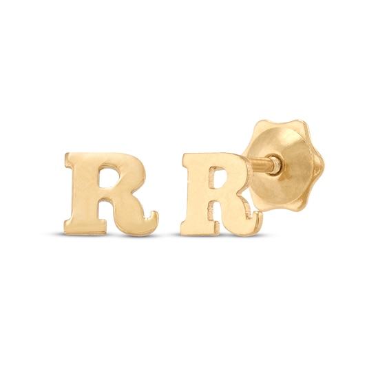 Letter R Mini Initial Stud Earrings 14K Yellow Gold