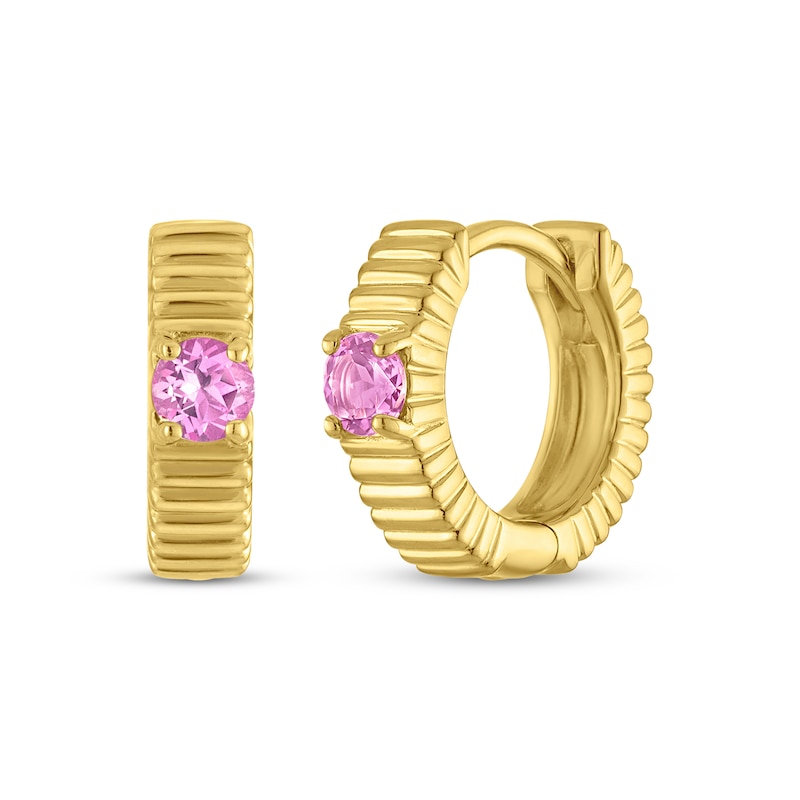 Main Image 1 of STUDIO BY KAY Round-Cut Pink Lab-Created Sapphire Solitaire Ridged Hoop Earrings 24K Yellow Gold Vermeil Sterling Silver