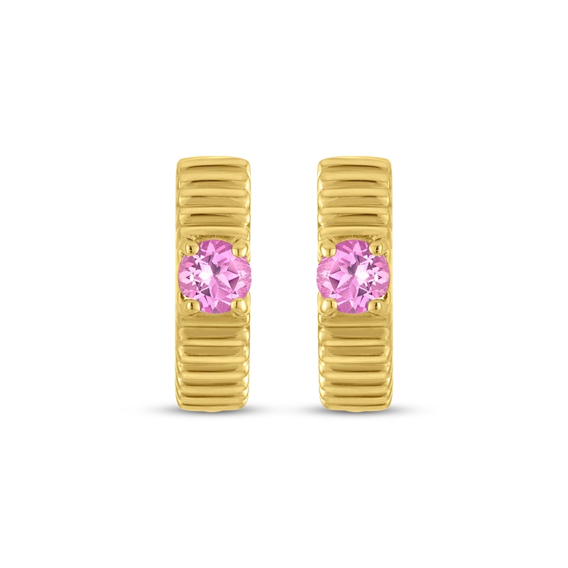 Main Image 2 of STUDIO BY KAY Round-Cut Pink Lab-Created Sapphire Solitaire Ridged Hoop Earrings 24K Yellow Gold Vermeil Sterling Silver
