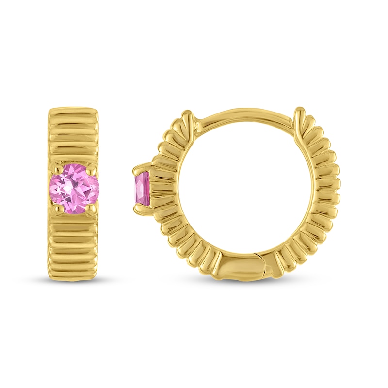Main Image 3 of STUDIO BY KAY Round-Cut Pink Lab-Created Sapphire Solitaire Ridged Hoop Earrings 24K Yellow Gold Vermeil Sterling Silver