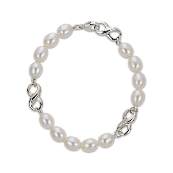 Oval Cultured Pearl Infinity Link Bracelet Sterling Silver 7.5"