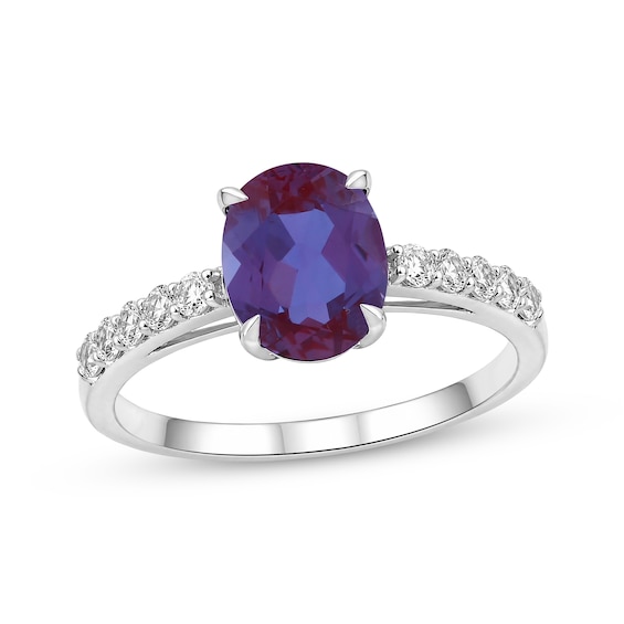 Oval-Cut Lab-Created Alexandrite & White Lab-Created Sapphire Ring Sterling Silver