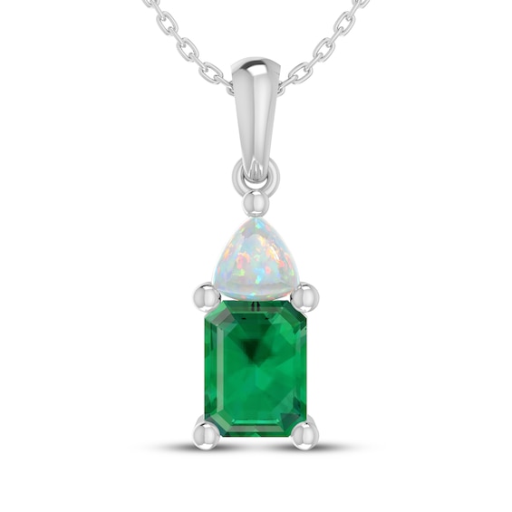 Octagon-Cut Lab-Created Emerald & Trillion-Cut Lab-Created Opal Necklace Sterling Silver 18"