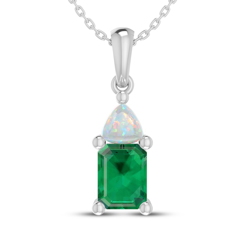 Main Image 1 of Octagon-Cut Lab-Created Emerald & Trillion-Cut Lab-Created Opal Necklace Sterling Silver 18"